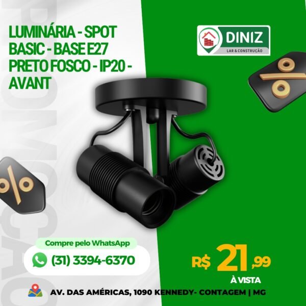 Luminária Spot Basic Base E27 - Preto Fosco - IP20 - Avant